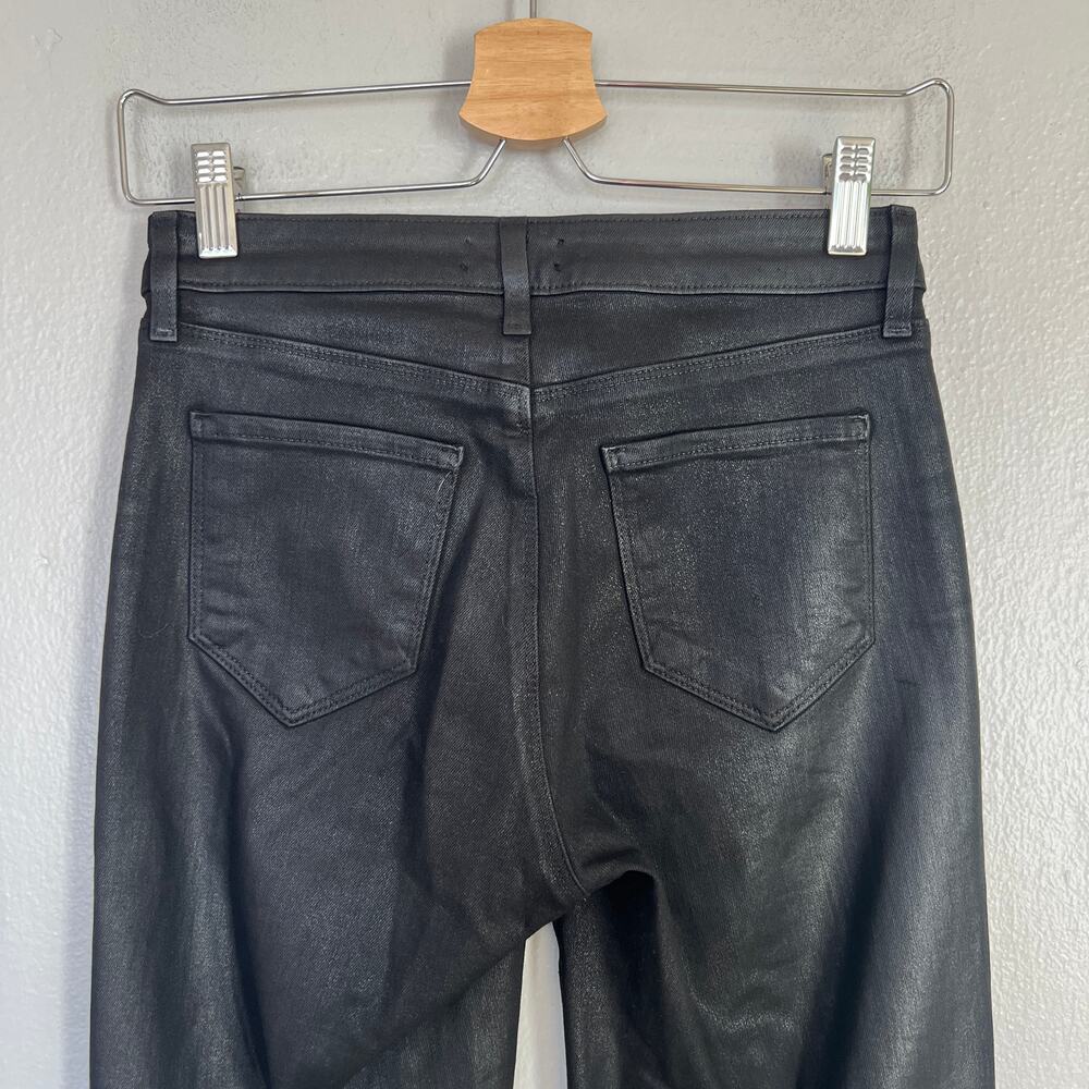 L'AGENCE Black Kendra Coated Cropped Flare Jeans Raw Hems Size 25 Stretch Kick - Picture 6 of 11